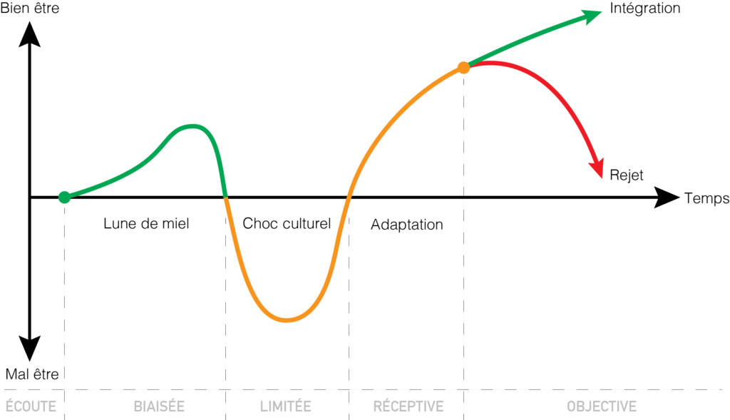 Un schéma qui représente les 4 phase du choc culturel lié à une immigration